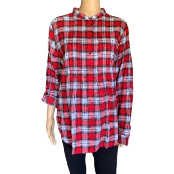 LANDSEND Women’s 100% Cotton Flannel Pintuck Roll Sleeve Banded Collar Tunic Top - Picture 2 of 9